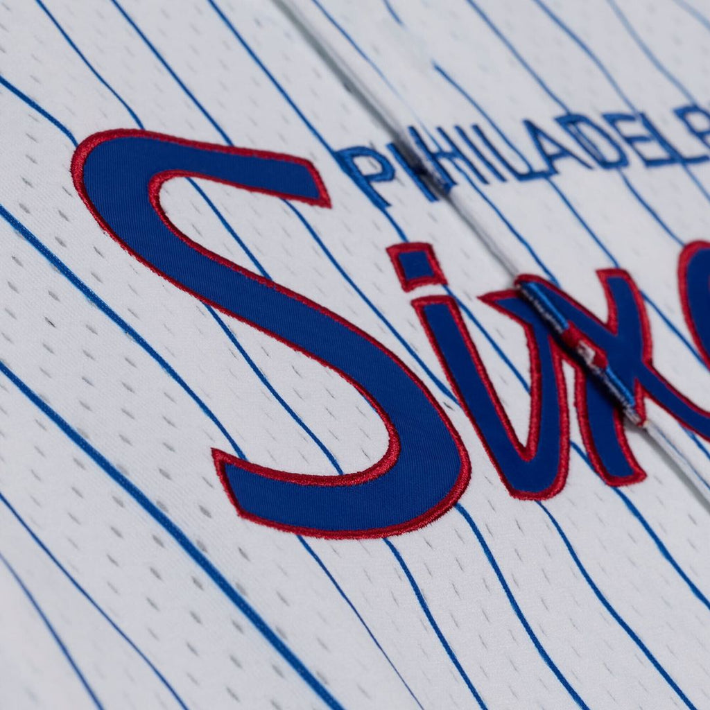 Philadelphia 76ers Mitchell & Ness Head Coach Pinstripe Mesh Full - Button Baseball Jersey - White