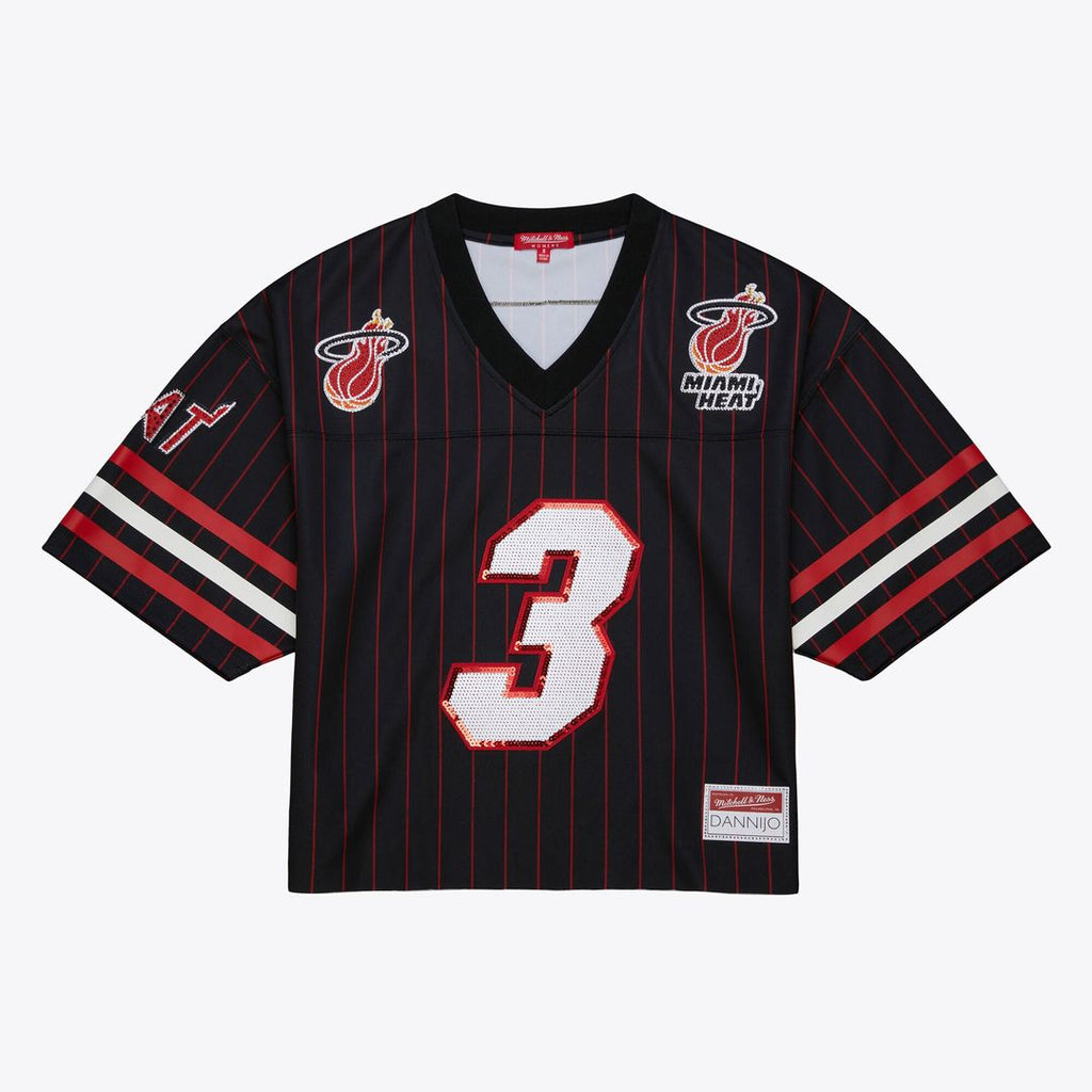 Miami Heat Dwyane Wade Mitchell & Ness x DANNIJO Women's Cropped Football Fashion Jersey - Black